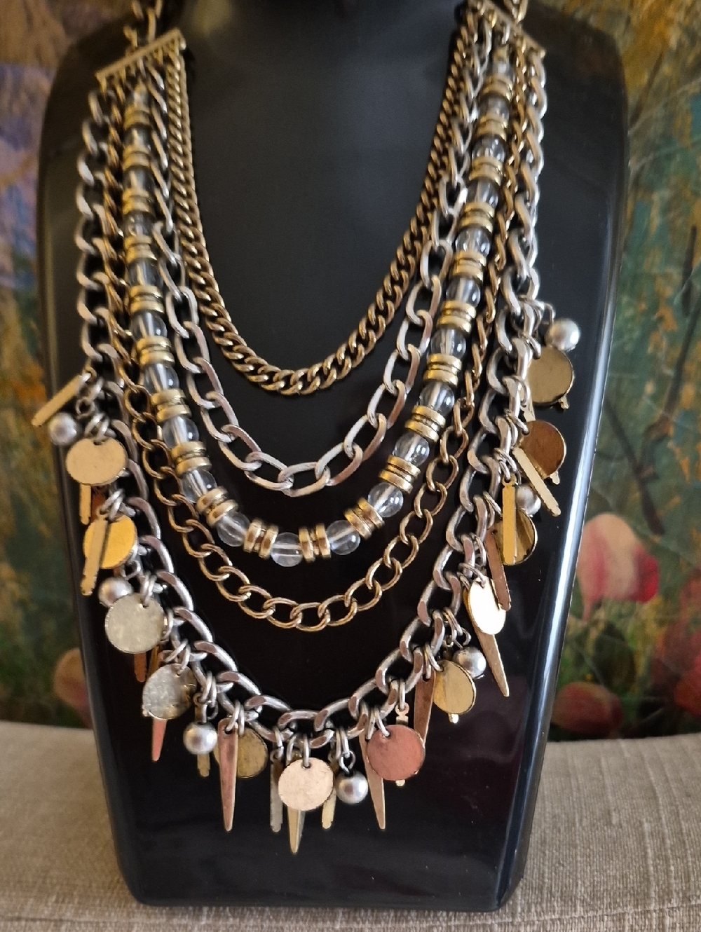 Vintage Multi Chain, Charm 2-tone layered chunky Statement Necklace